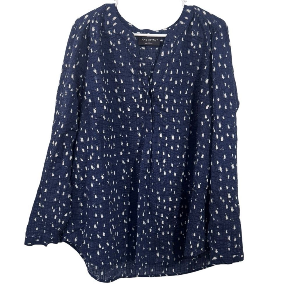 Lane Bryant Navy Blue Patterned Long Sleeve V-Neck Blouse - Picture 1 of 5